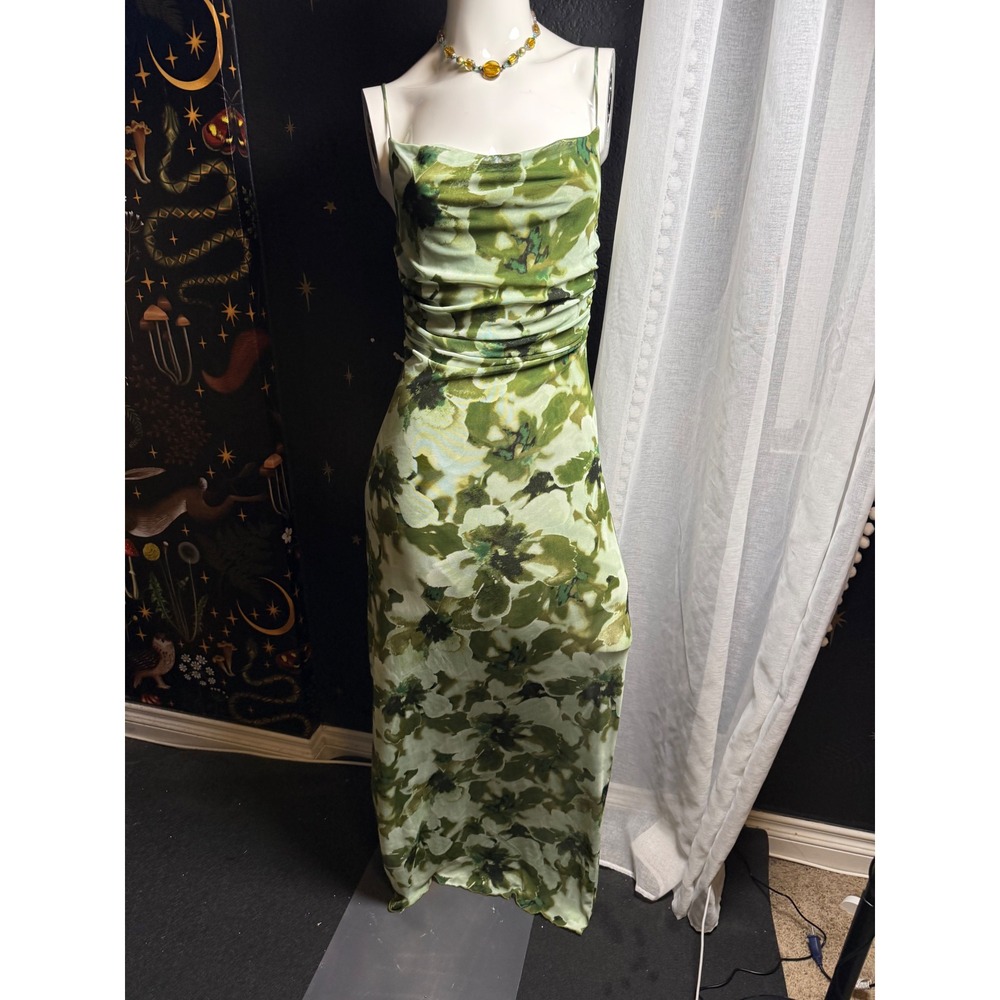 Persaya Green Floral Cowl Neck Ruched Maxi Dress Size L Sleeveless Tie Back